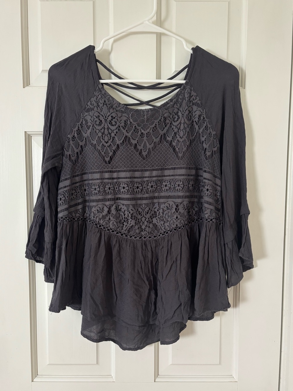 Knox Rose Charcoal Lace-Front Boho Peasant Top